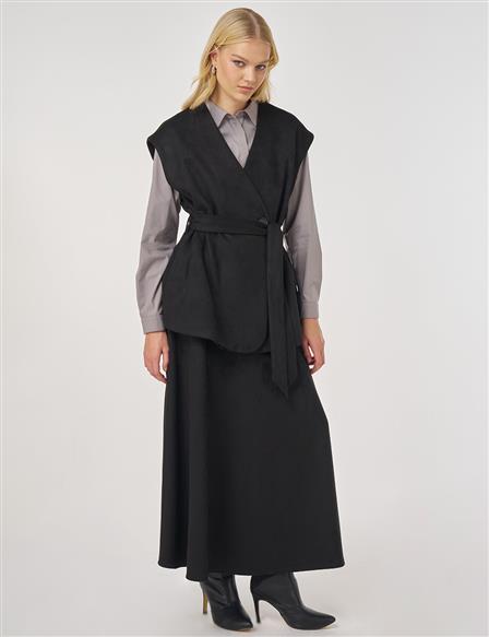 Kuşak Detaylı Süet Etekli Takım Siyah 