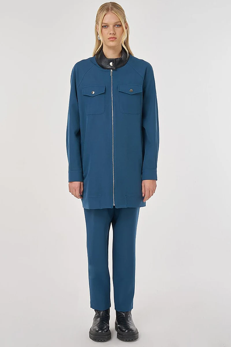 Relaxed-Fit Two-Piece Set with Faux Leather Collar in Petrol