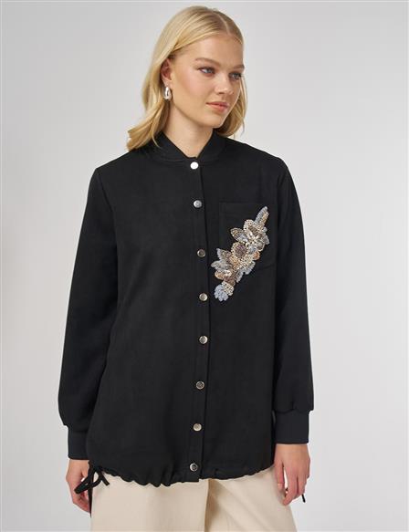 İşlemeli Süet Tunik Siyah
