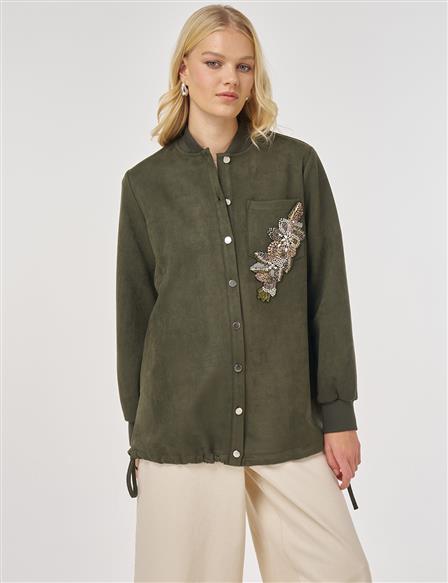 İşlemeli Süet Tunik Koyu Haki