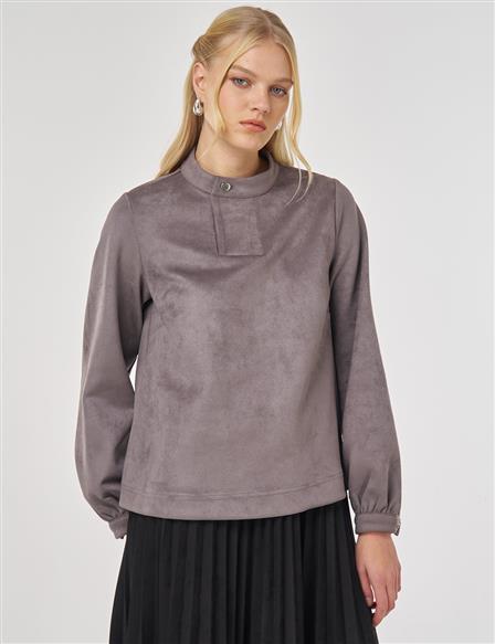 Dik Yaka Süet Bluz Füme