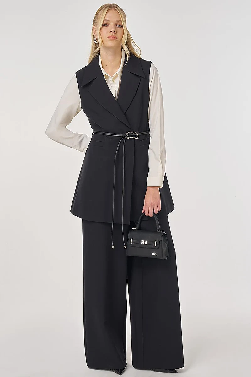 Two-Piece Set with Leather Cord Belt Detail and Vest in Black