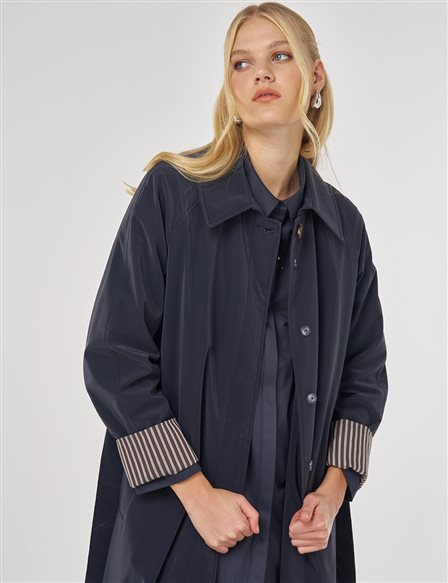 Reglan Kol Kuşaklı Pardesü Koyu Lacivert