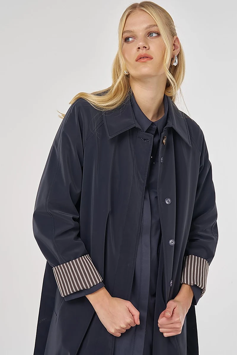 Raglan Sleeve Belted Trench Coat Dark Navy
