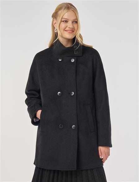 Stand Collar Short Wool Coat in Black