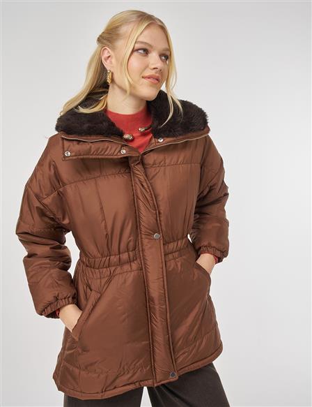 Kürk Yakalı Kapitone Mont Kahve