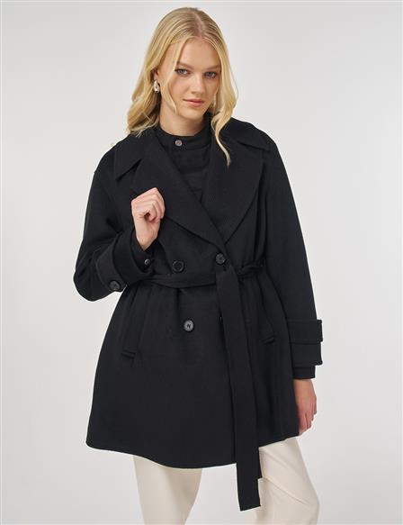 Wool Coat with Knit Trim in Black