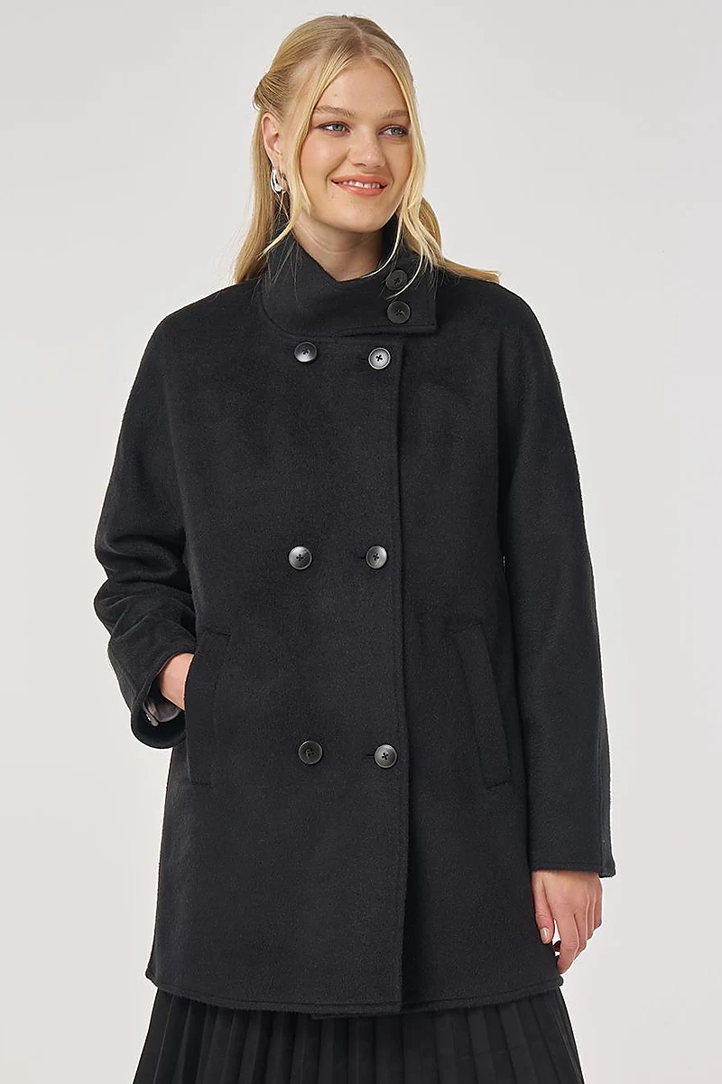 Stand Collar Short Wool Coat in Black