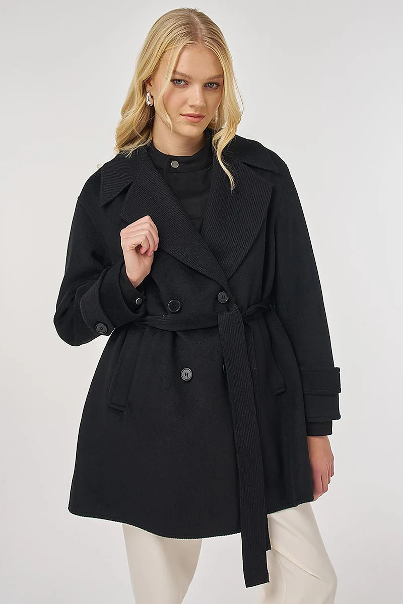 Wool Coat with Knit Trim in Black