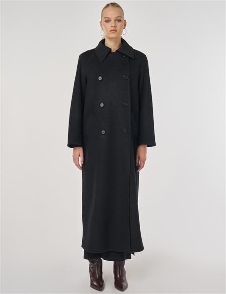 Double-Breasted Wool-Blend Coat in Black