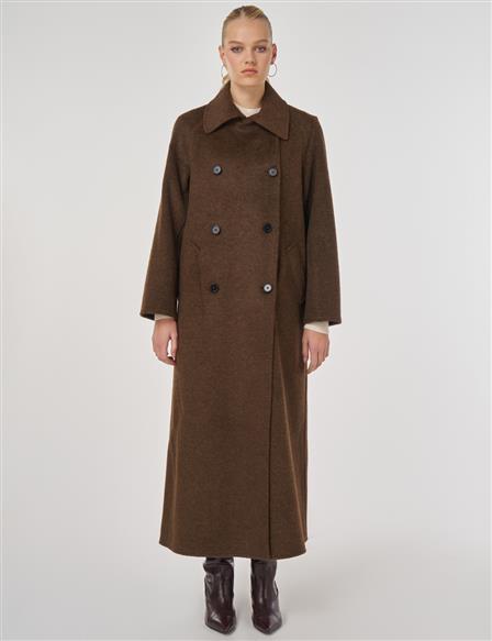 Double-Breasted Wool-Blend Coat in Dark Brown