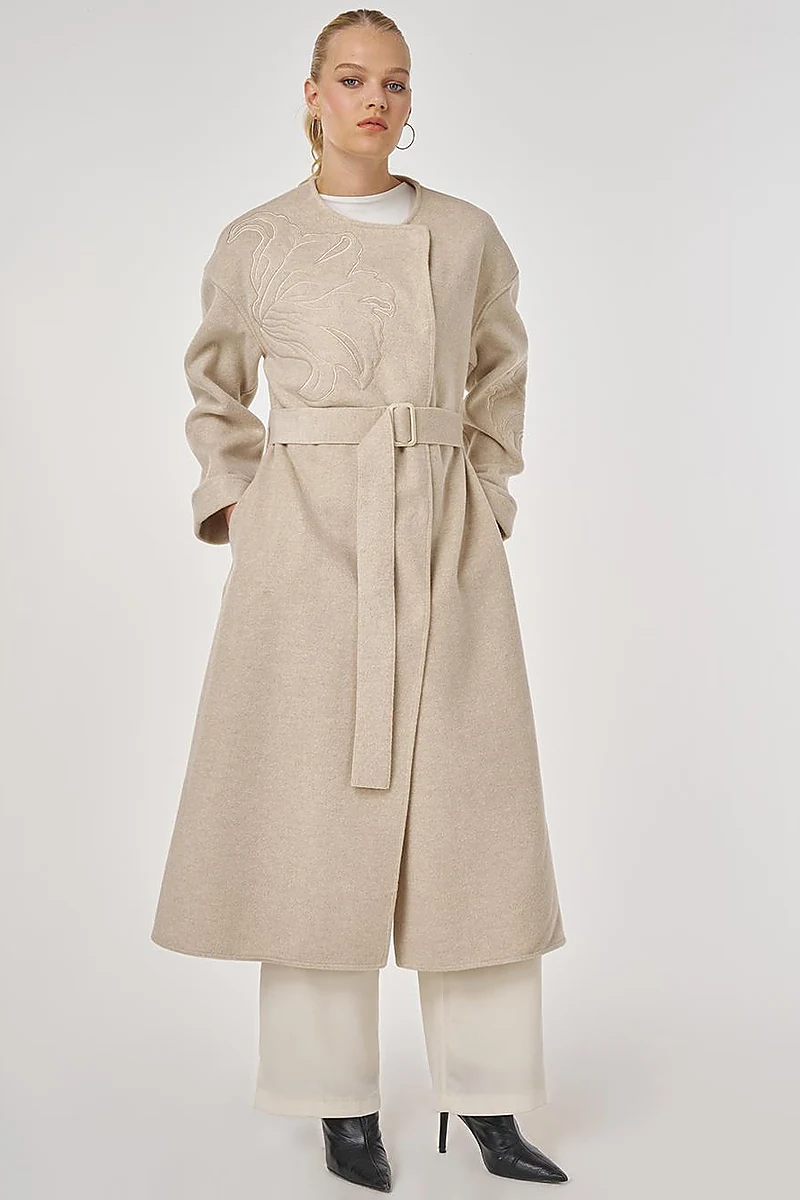 Appliqué Wool-Blend Coat in Cream