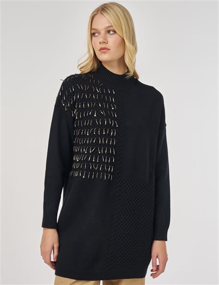 Örgü Detaylı Viskon Triko Tunik Siyah