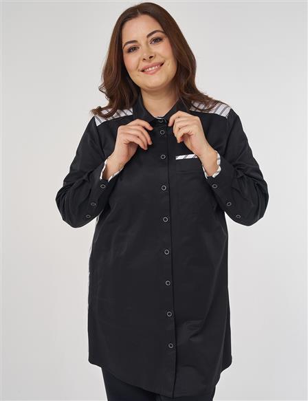 Çizgi Desen Pamuklu Tunik Siyah