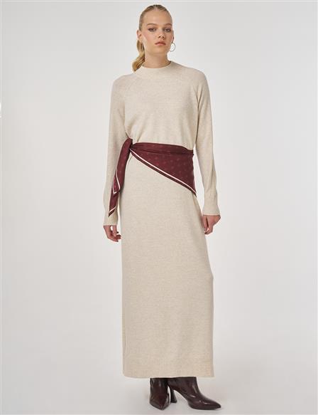 Reglan Kol Triko Elbise Krem