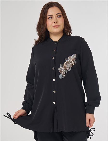 Taş İşlemeli Kolej Yaka Tunik Siyah 