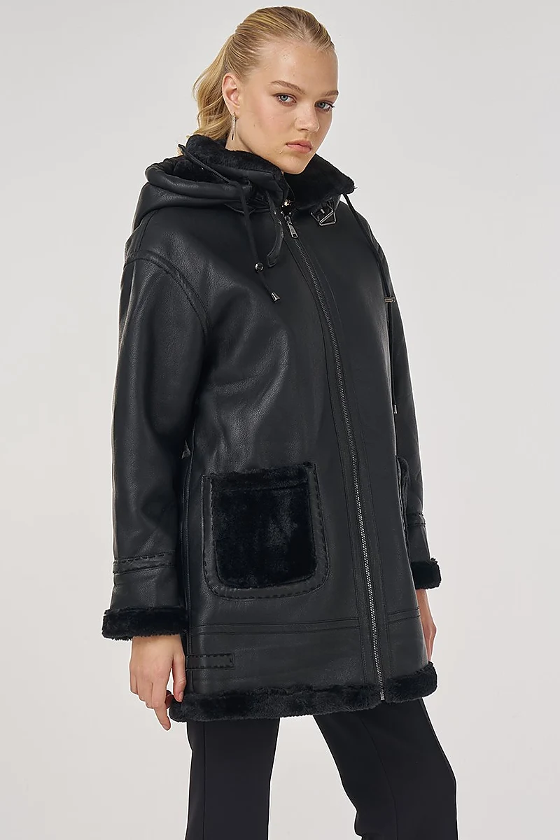 Faux Leather Coat with Belt Loops in Black