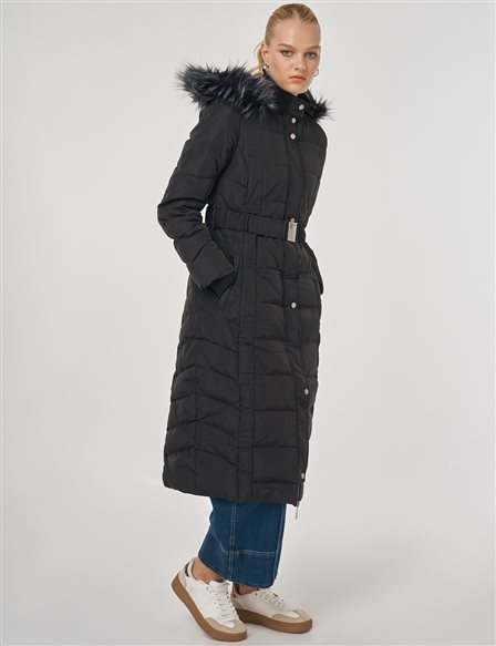 Suni Kürklü Kaz Tüyü Dolgulu Mont Siyah
