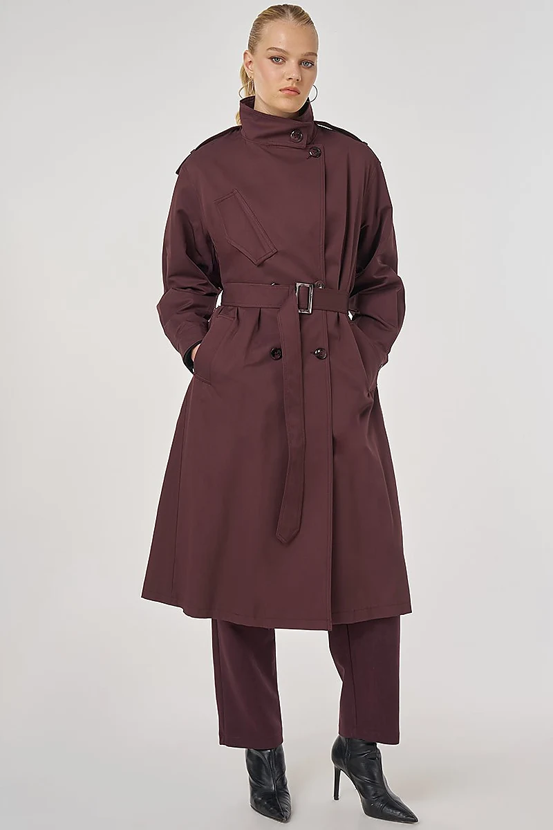 Belted Trench Coat with Epaulette Detail Dark Burgundy