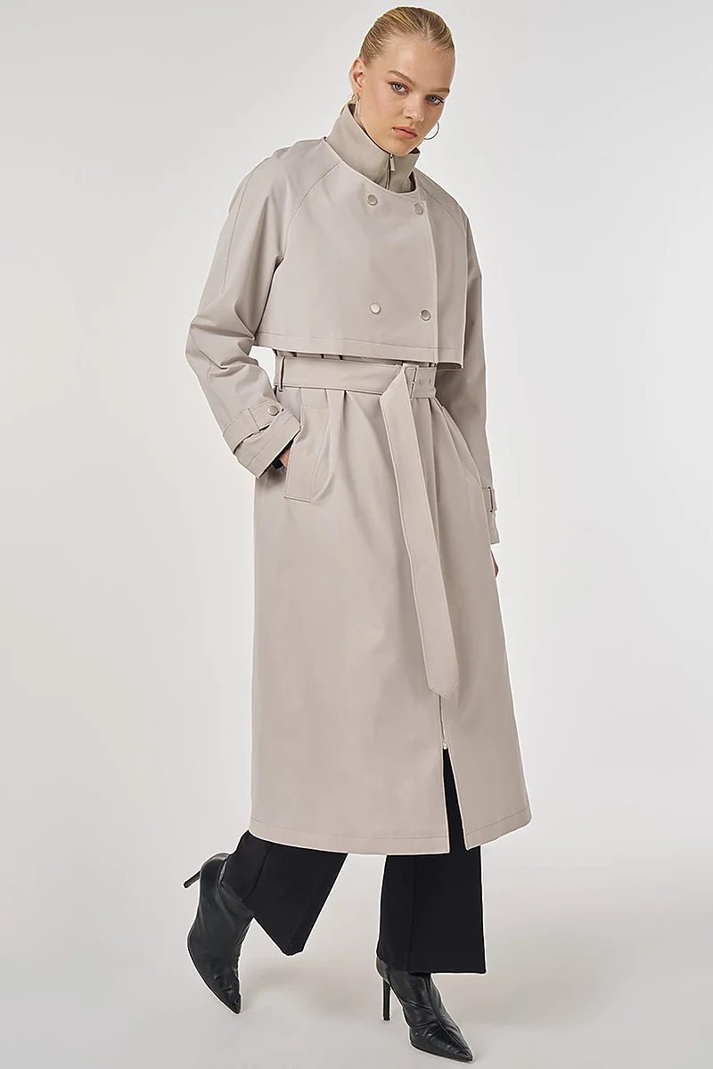 Stand Collar Belted Trench Coat Stone