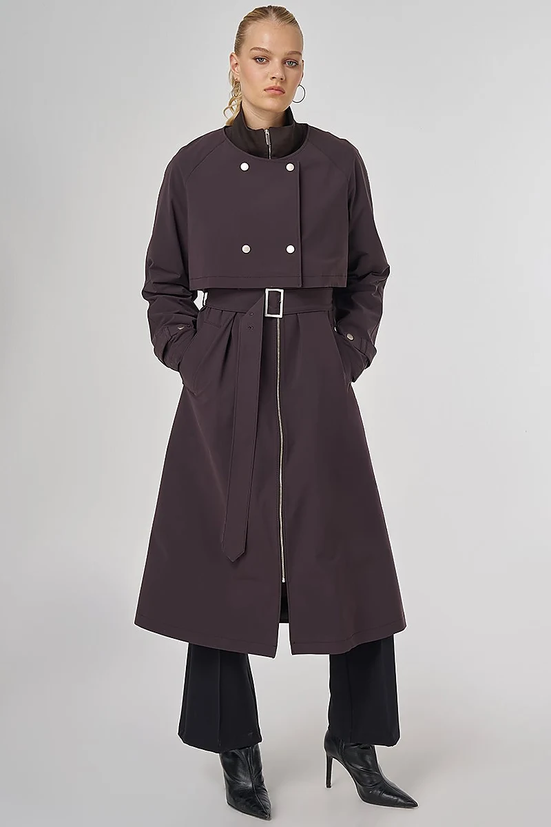 Stand Collar Belted Trench Coat Dark Brown