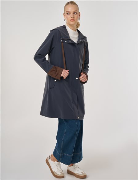 Kadife Garnili Kapüşonlu Kap Koyu Lacivert 