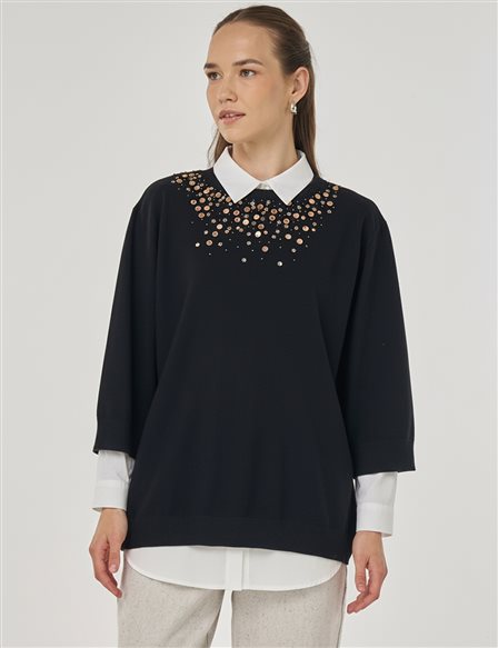 Sequin Embroidered Viscose Knit Tunic in Black