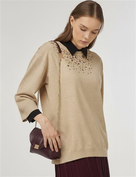 Sequin-Embellished Viscose Knit Tunic in Mink 