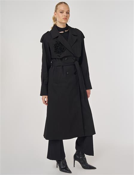 İşleme Detaylı Trençkot Siyah 