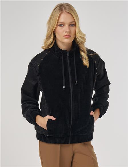 Trok Baskılı Kadife Ceket Siyah