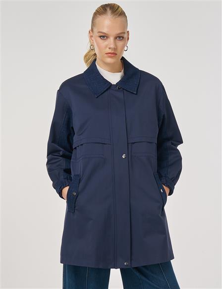 Denim Garnili Kısa Trençkot Koyu Lacivert 