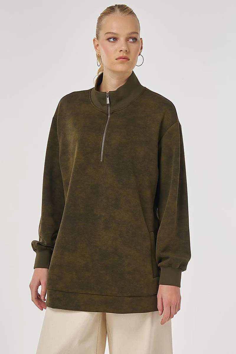 Stand-Up Collar Sweatshirt in Khaki