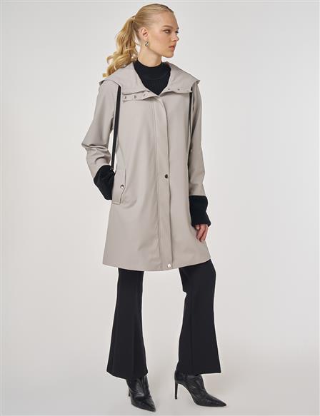 Kadife Garnili Kapüşonlu Kap Gri