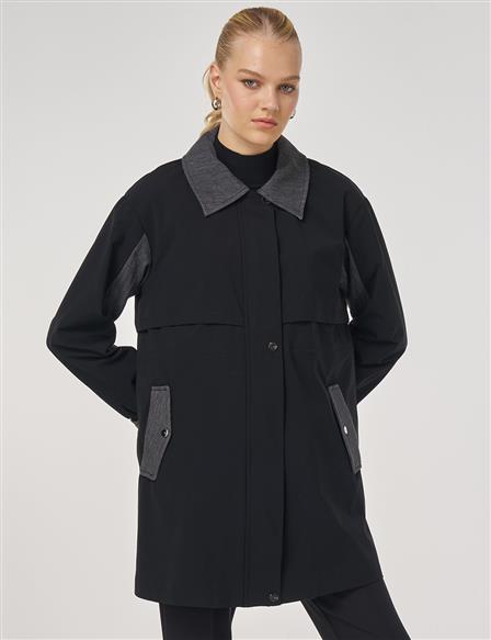 Denim Garnili Kısa Trençkot Siyah