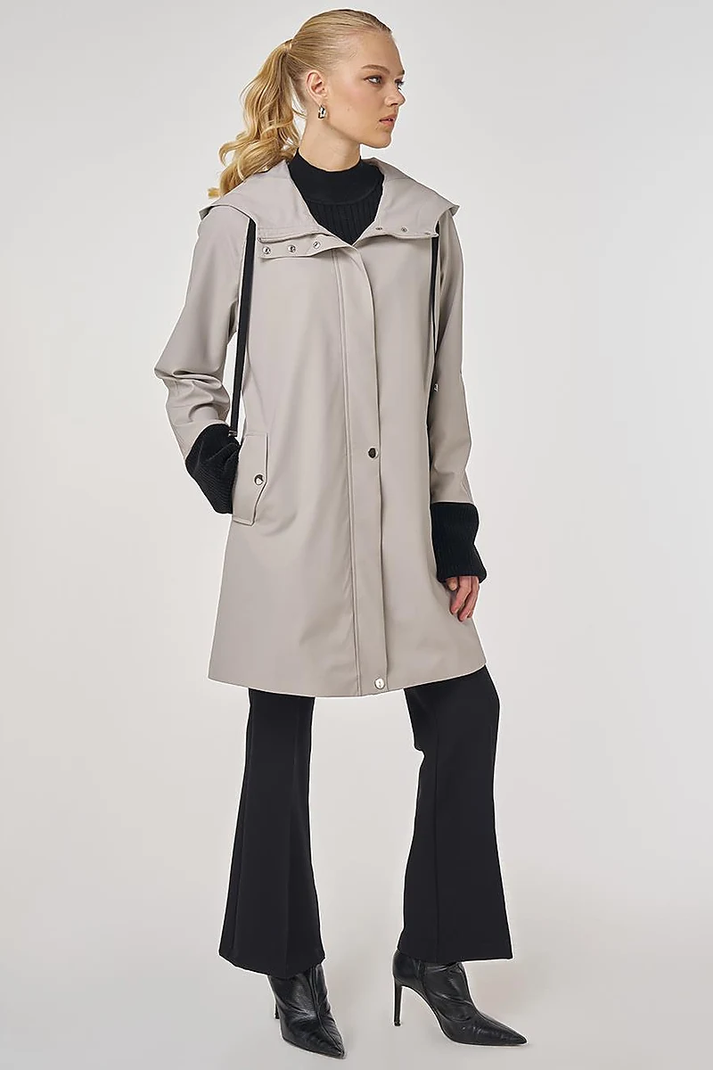 Velvet-Trimmed Hooded Coat Gray