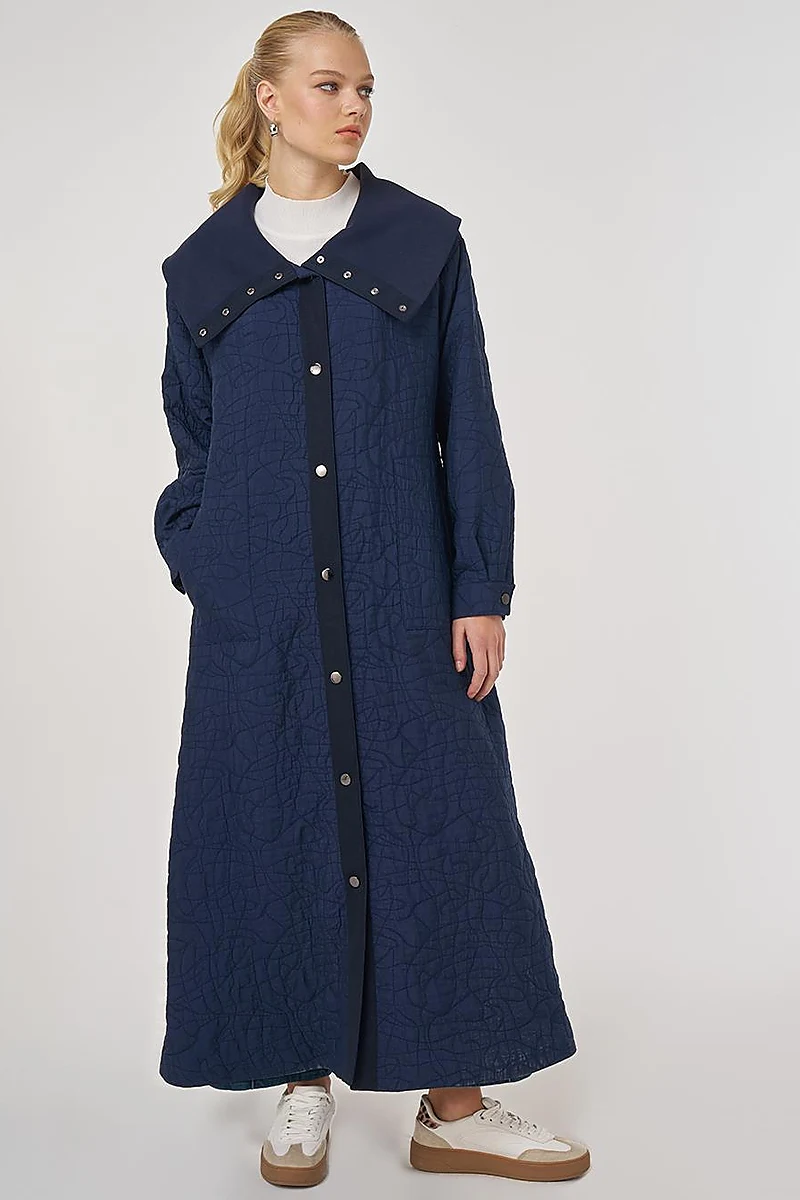 Quilted Pattern Wide Collar Throw-On Coat in Dark Navy