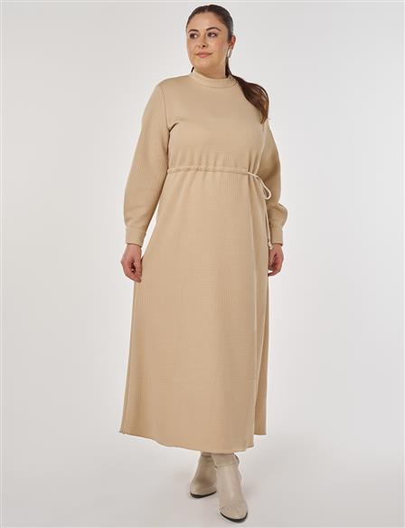 Patterned Relaxed-Cut Dress in Beige