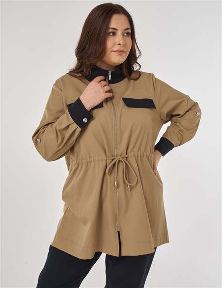 Stand-up Collar Tunic with Flap Pockets in Beige