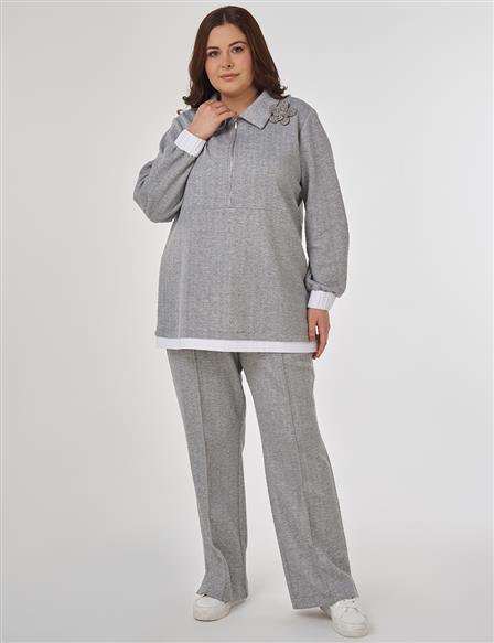Broşlu Rahat Kesim İkili Takım Gri 