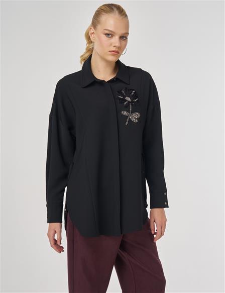 İşleme Detaylı Şık Tunik Siyah 