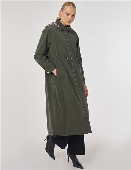 Fermuar Detaylı Suni Deri Anorak Mont Koyu Haki