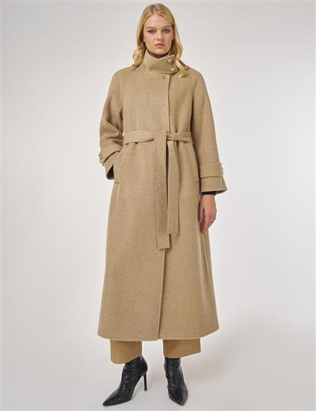 Dik Yaka Kuşaklı Kaşe Kaban Koyu Bej