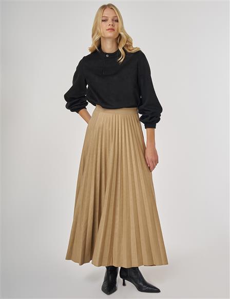 Piliseli Süet Etek Koyu Vizon