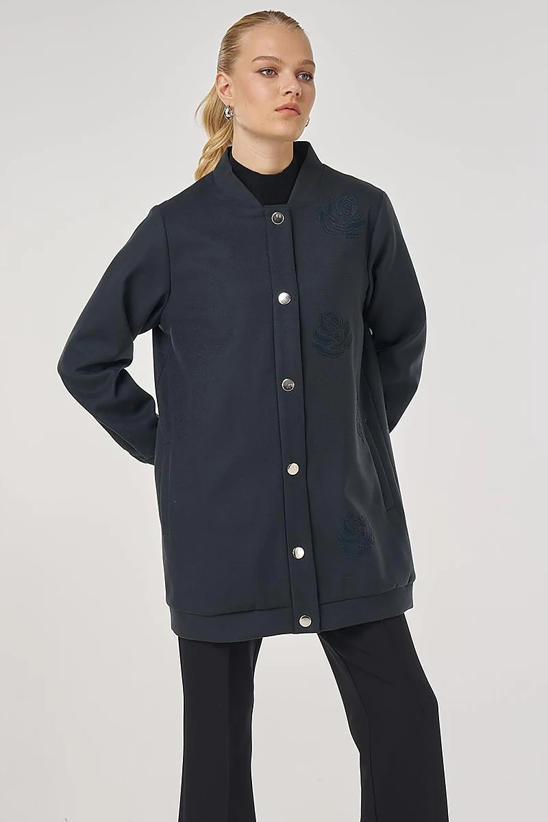 Embroidered Short Wool-Blend Coat in Smoke