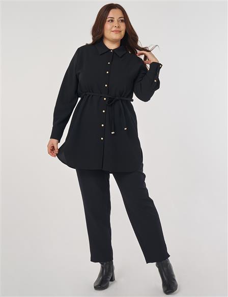 Shirt Collar Tunic with Rope Belt in Black