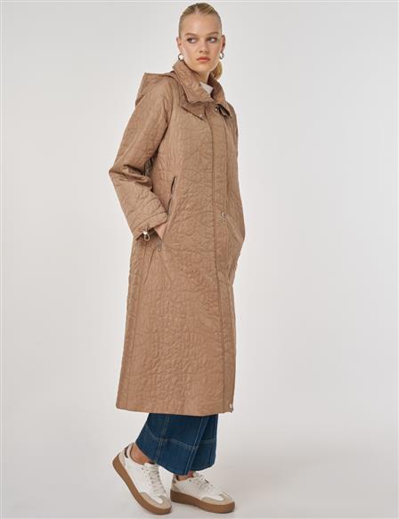 Geniş Yaka Kapitone Mont Koyu Vizon