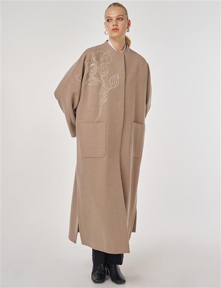 Nakış İşlemeli Kaşe Kaban Vizon