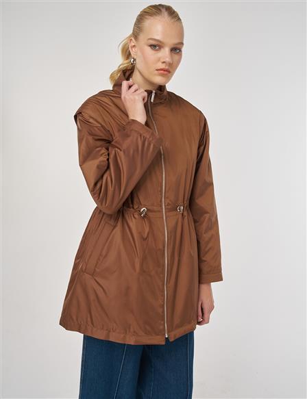 Bel Büzgülü Kısa Mont Açık Kahve