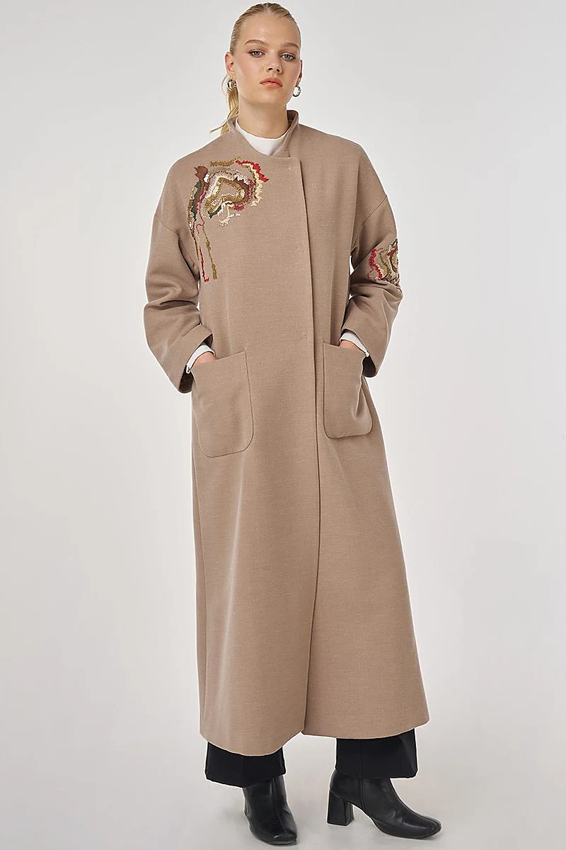 Embroidered Wool Coat in Mink