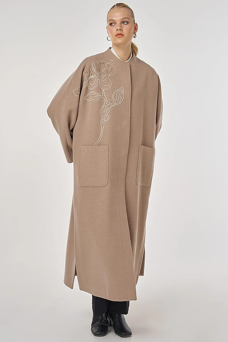 Embroidered Wool-Blend Coat in Mink